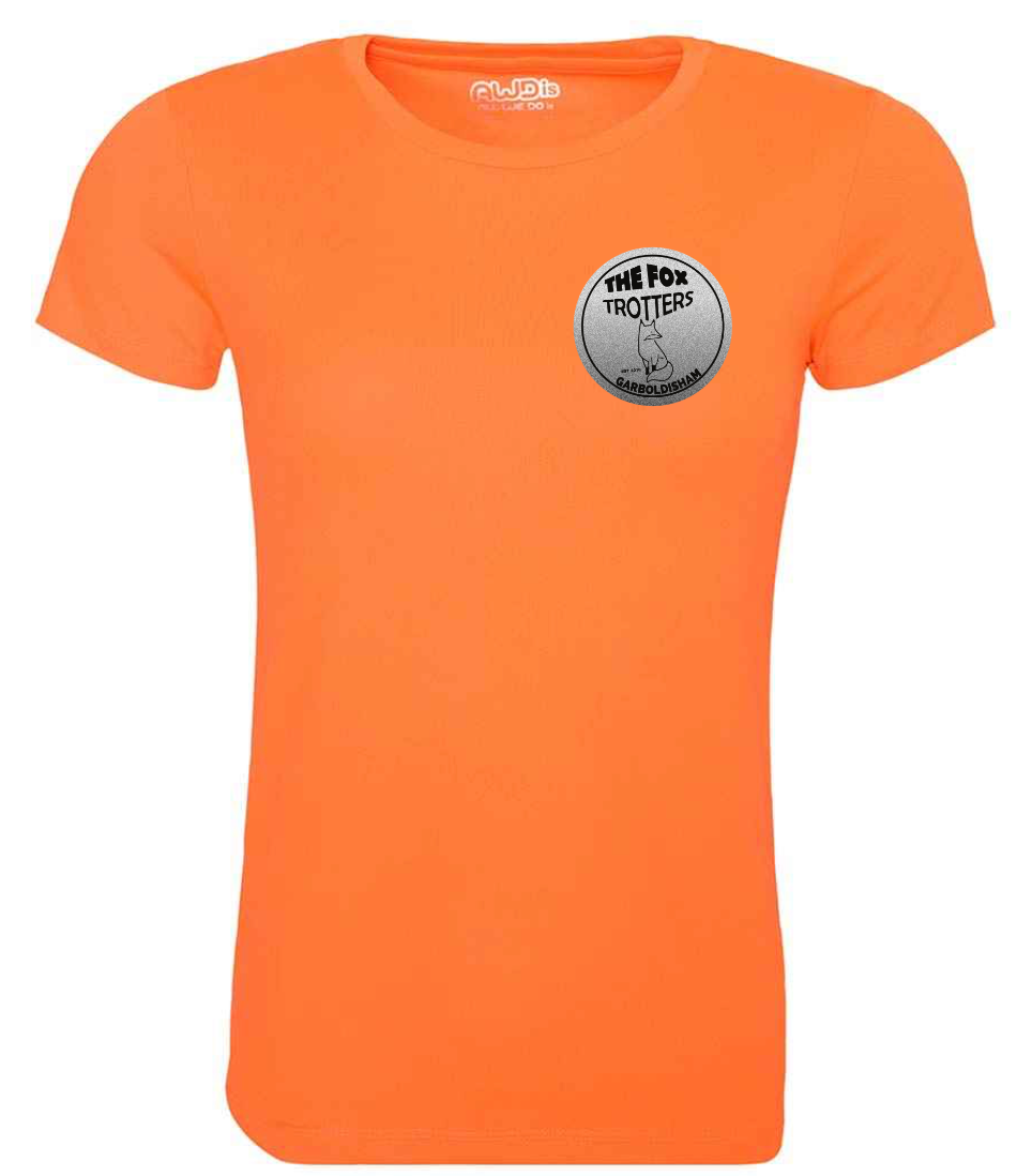 Hi Viz print Fox Trotters Womens tech tee Orange